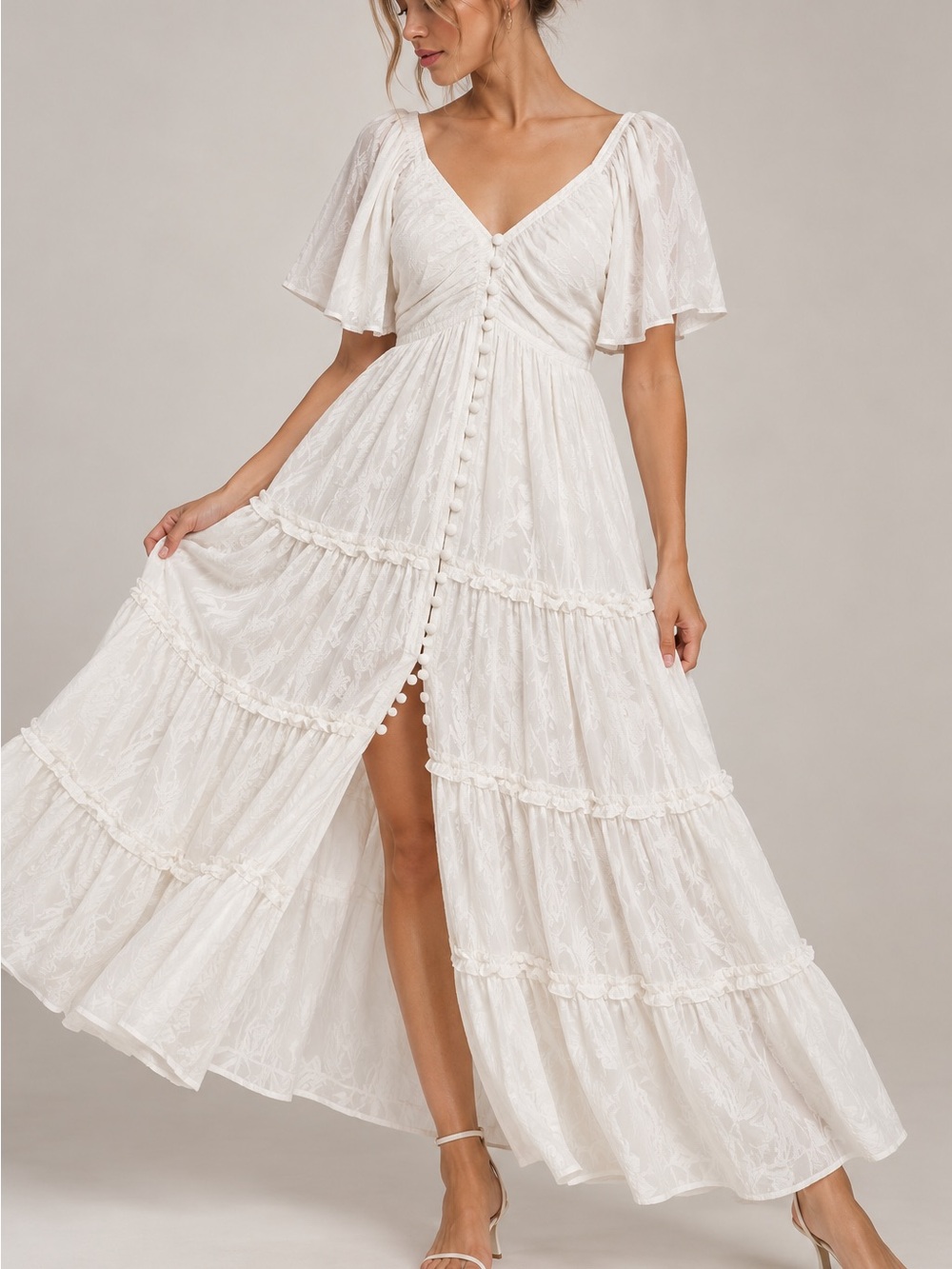 By Anthropologie White Textured Button Front Maxi Dress XXS Boho Romantic